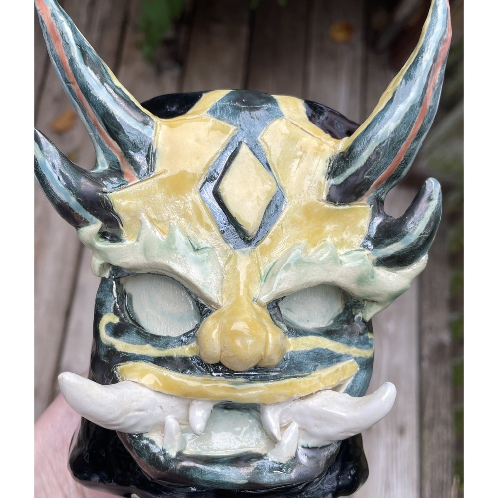Handmade Ceramic Oni Demon Mug Horned Monster Mask Tiki Cup Gothic Halloween Art